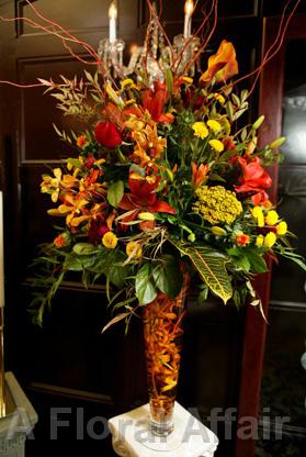 RF0868-Yellow, Rust Orange and Red, Sophisticated Fall Tall Centerpiece