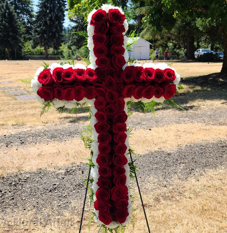 60 Red Roses on a Cross Easle Spray-1