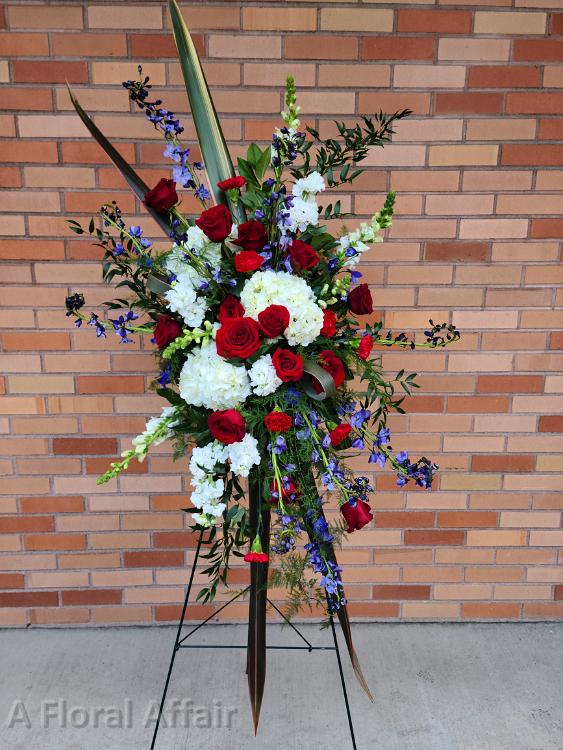 Masculine and Modern Funeral Easle Spray Red, White, And Blue