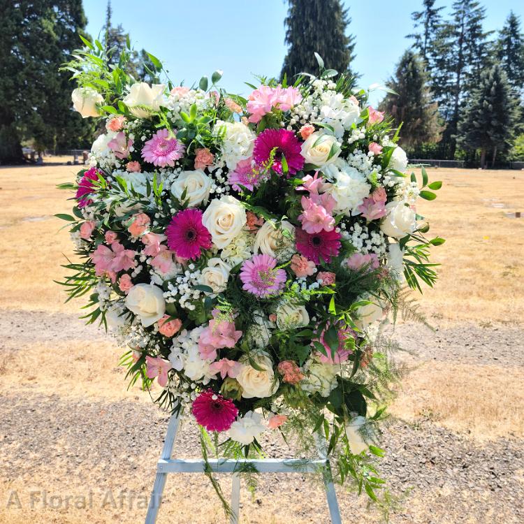 Pink and White Solid Heart Easle Spray with soft ferns and babysbreath