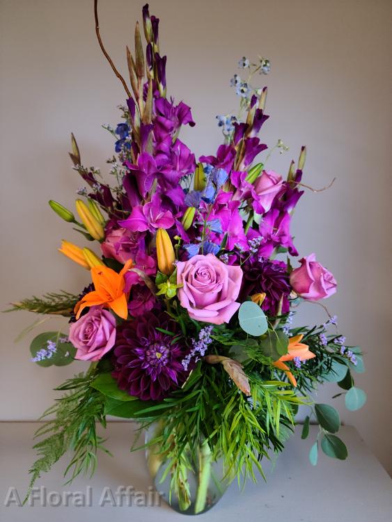 Purple, Orange, Blue Sympathy Arrangement with Dahlias, Lilies, Gladiolas