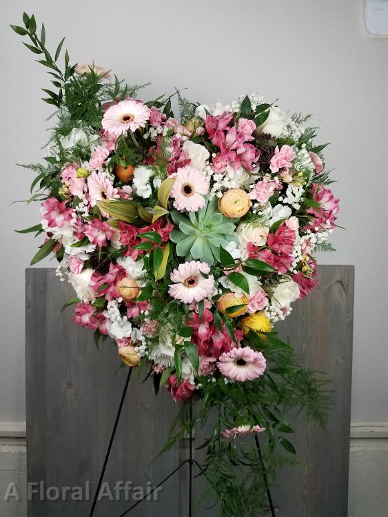 SY0067--Pink and Orange Flowers with Succulents on Heart Shaped Funeral Spray