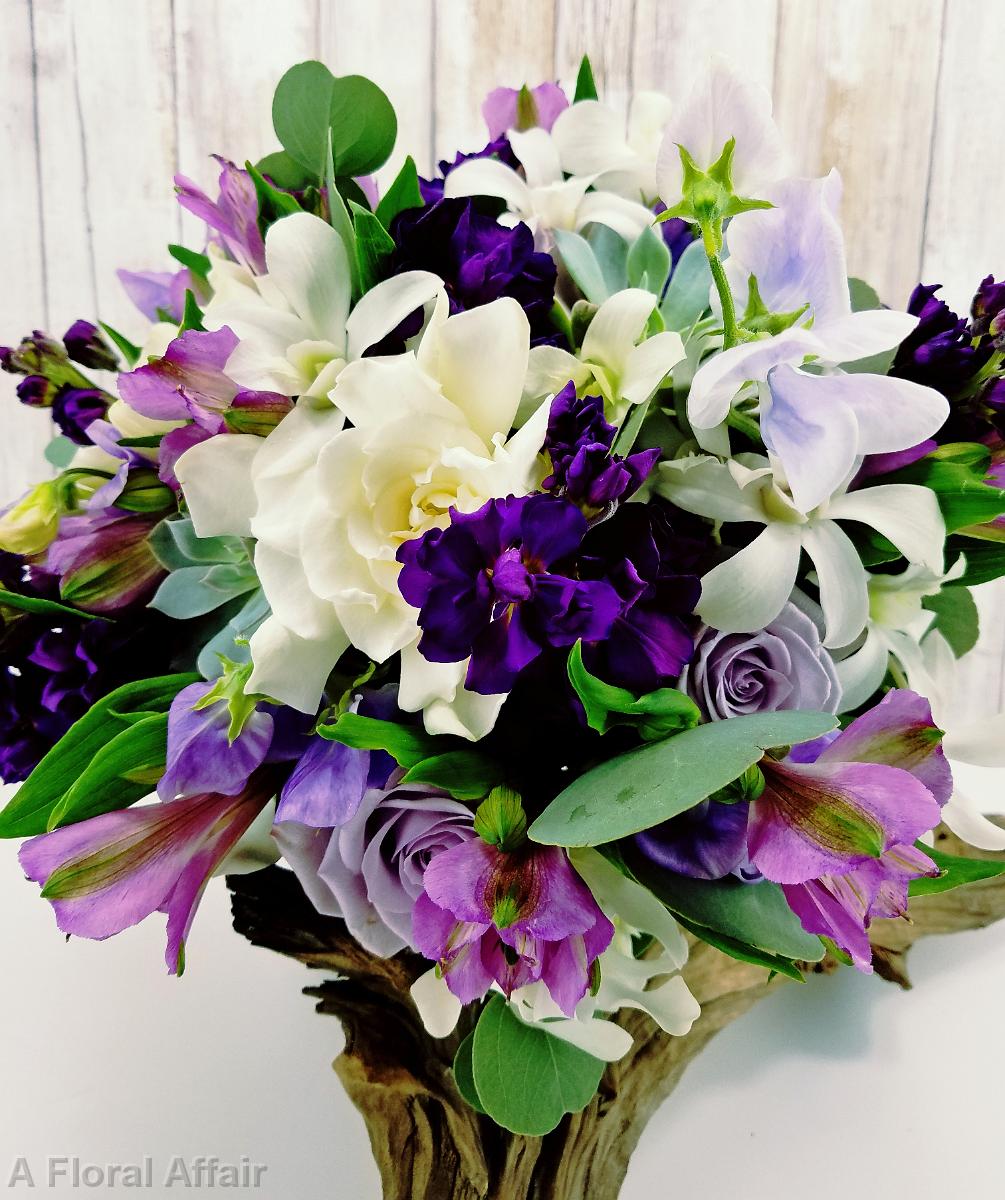 BB1337-Elegant, Purple and White Gardenia and Orchid Bridal Bouquet