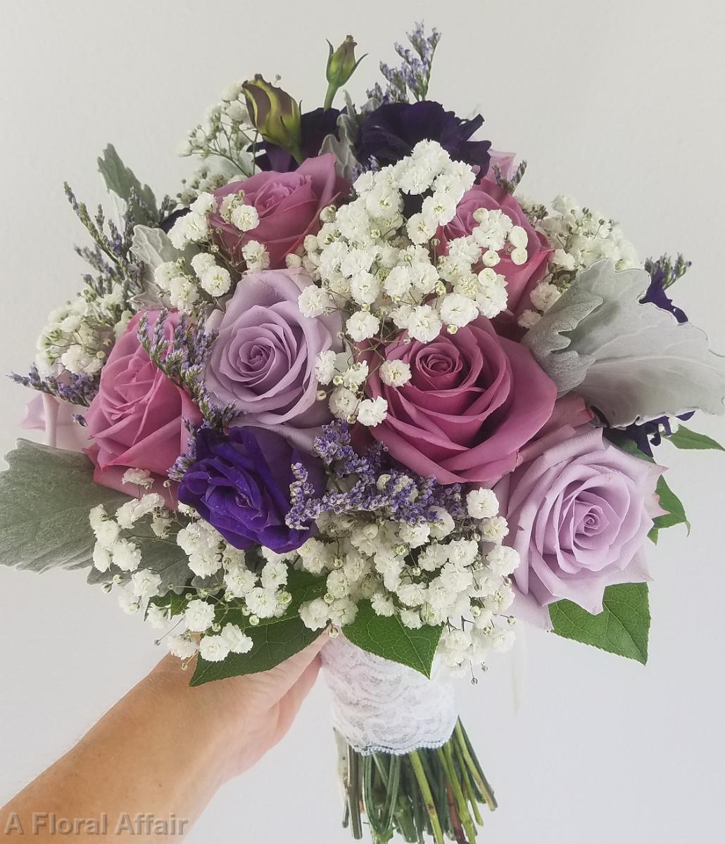 BB1516-Purple Rose and Babys Breath Brides Bouquet