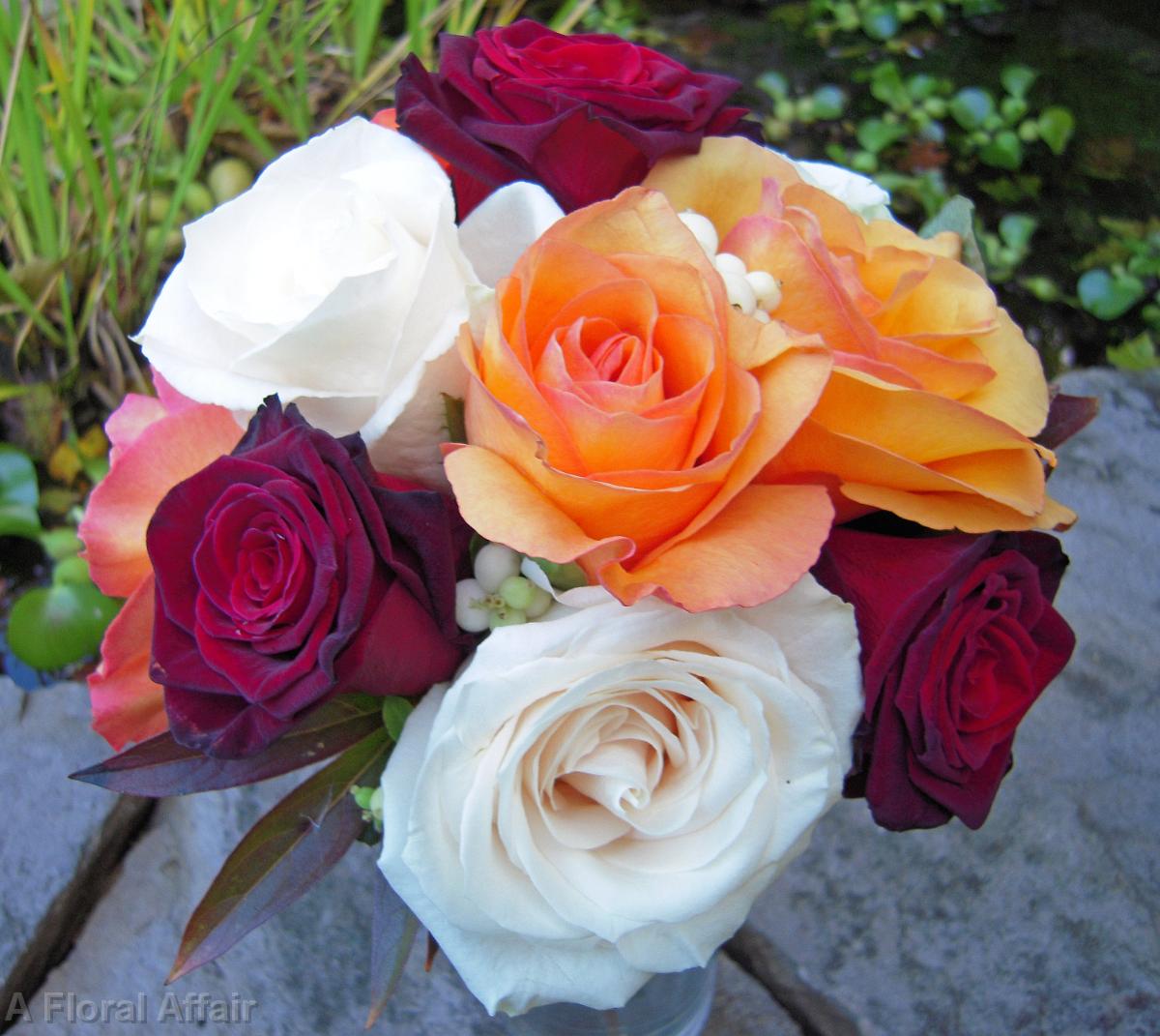 BB0296-Orange, Red, and Ivory Rose Wedding Flowers