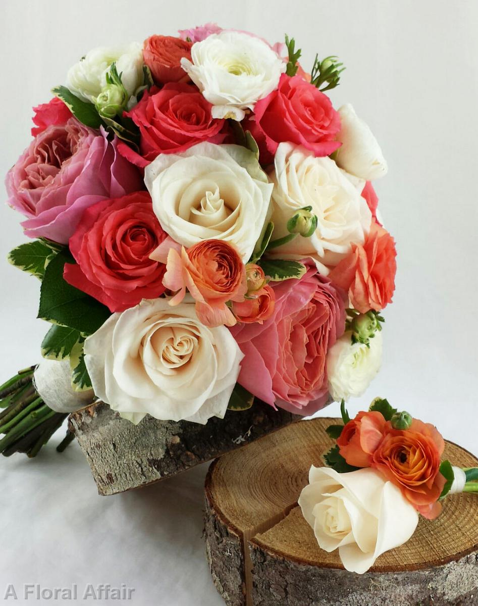 BB0962-Coral Peach and Ivory Brides Bouquet and Boutonniere