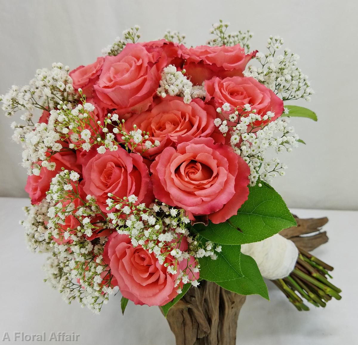 BB1317-Coral Duet Rose and Babys Breath Brides Bouquet