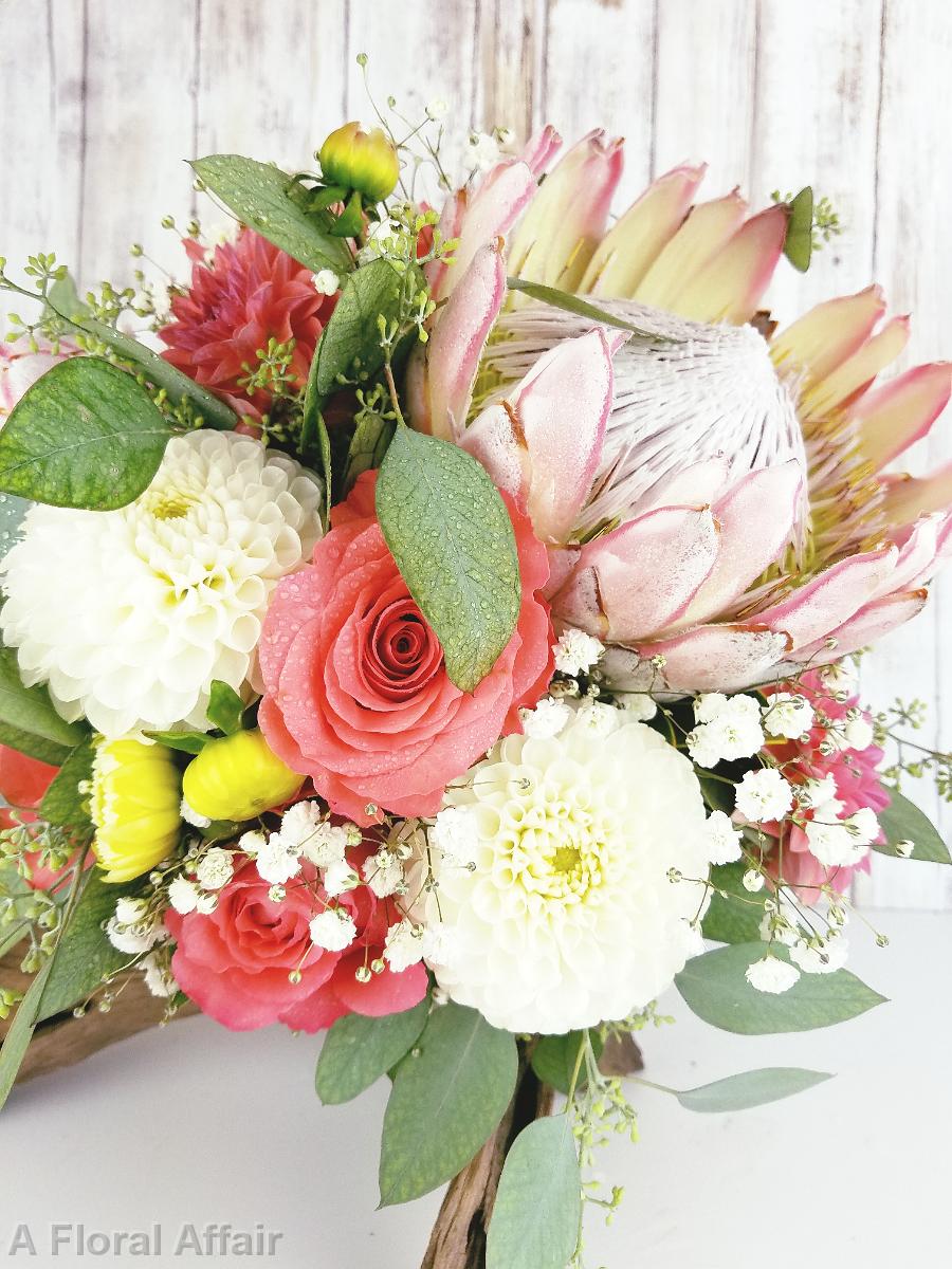 BB1376-Pink and Coral Protea Brides Bouquet