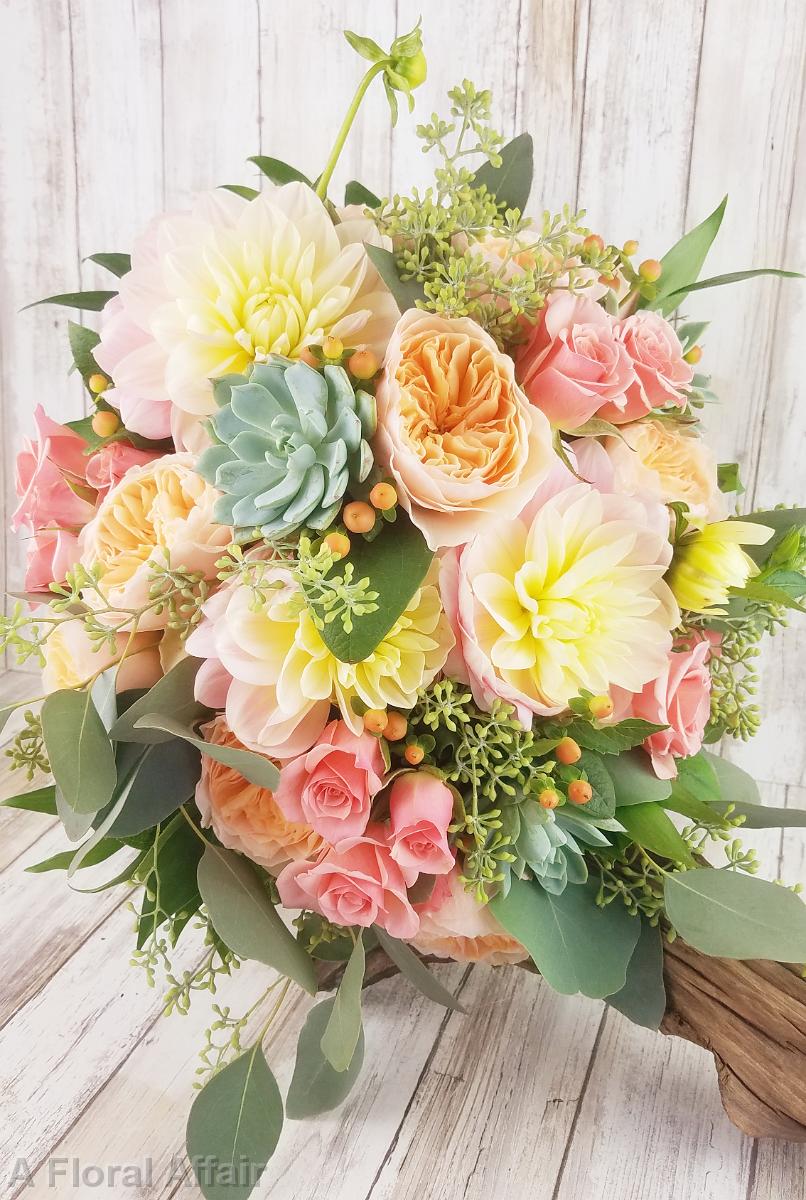 BB1496-Juliette Rose, Peach Dahlia and Ilsa Spray Rose and Succulent Brides Bouquet with Succulent