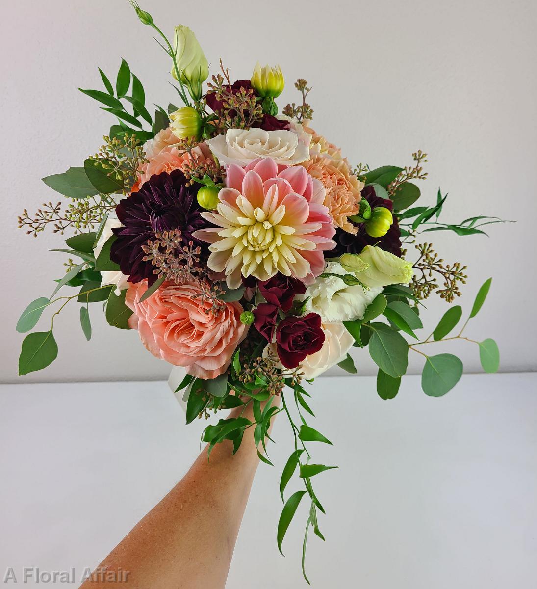 BB1572-Burgundy and Peach Brides Bouquet