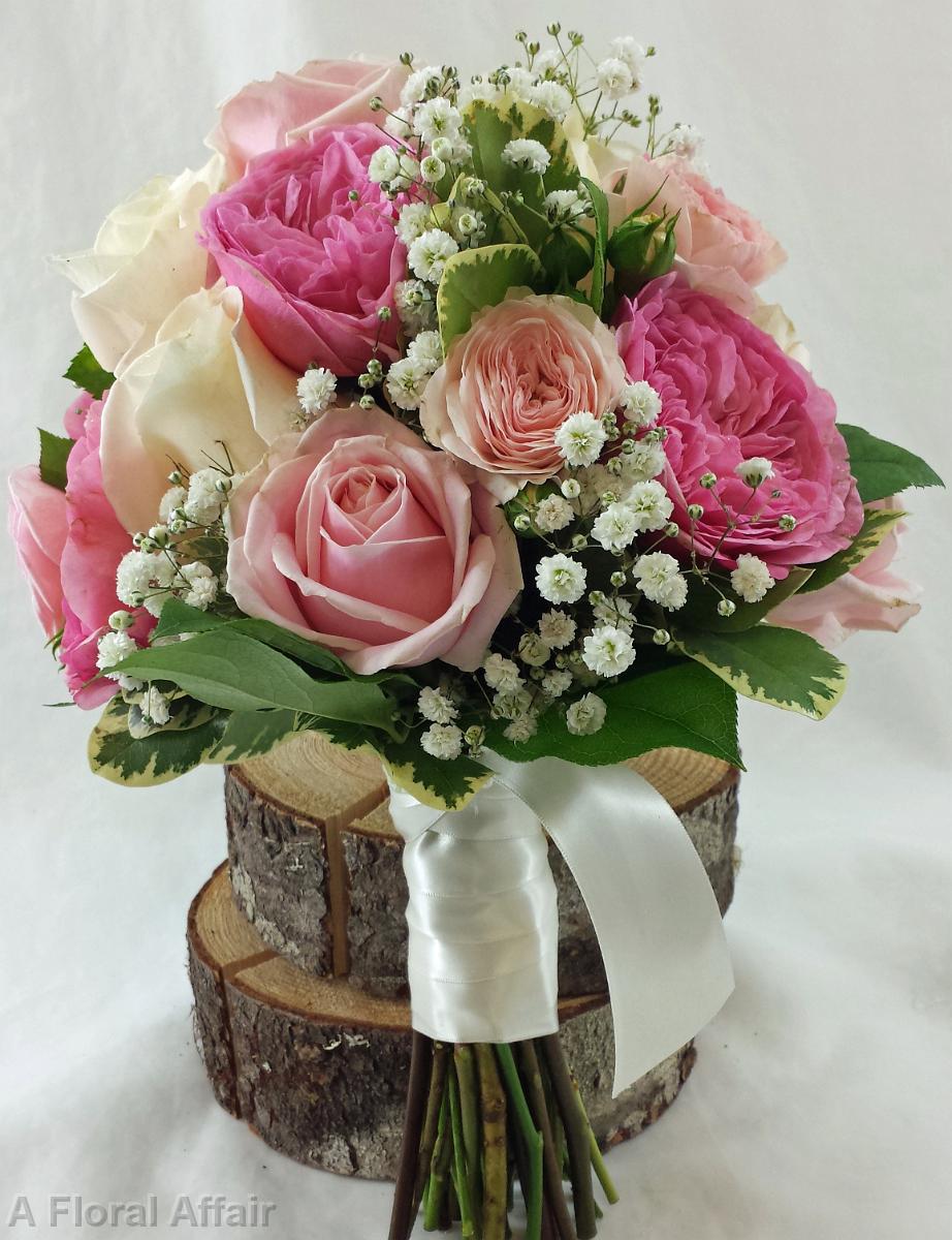 BB1025-Pink Garden Rose and Babys Breath Wedding Bouquet