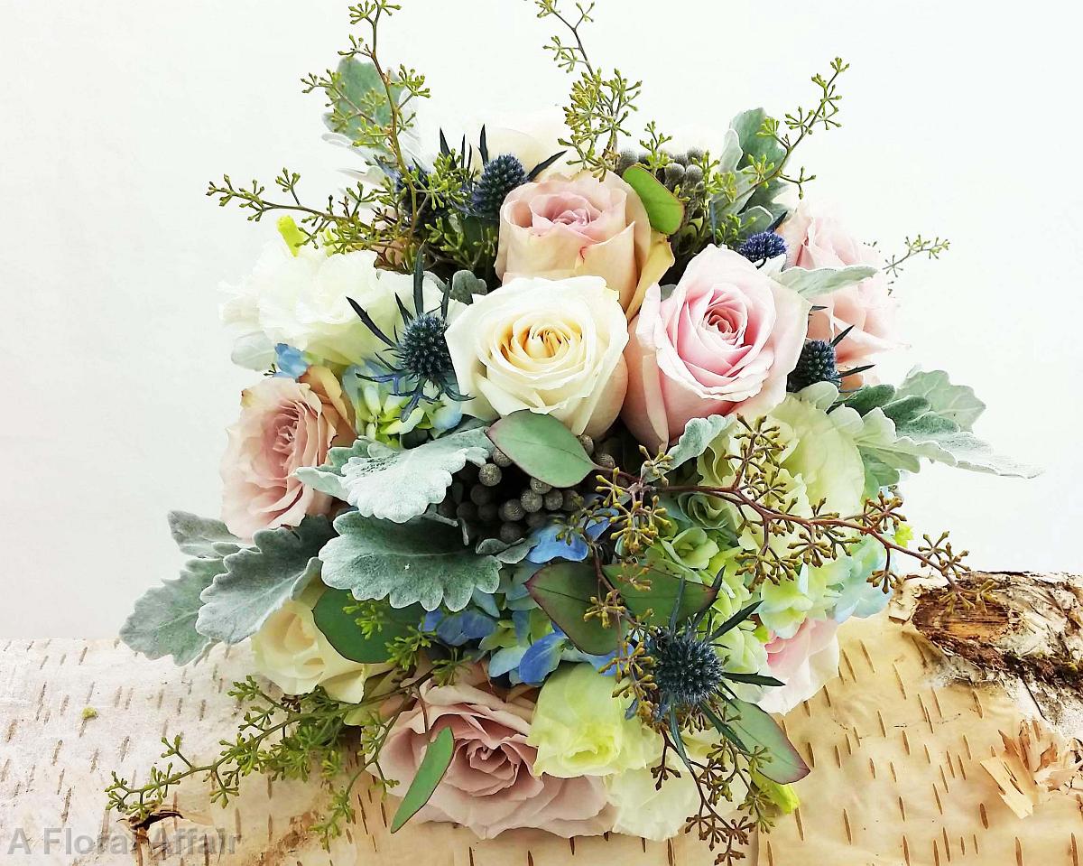 BB1221-Shades of Ice Blue, Morning Glory, and Tickled Pink Brides Bouquet with Gra