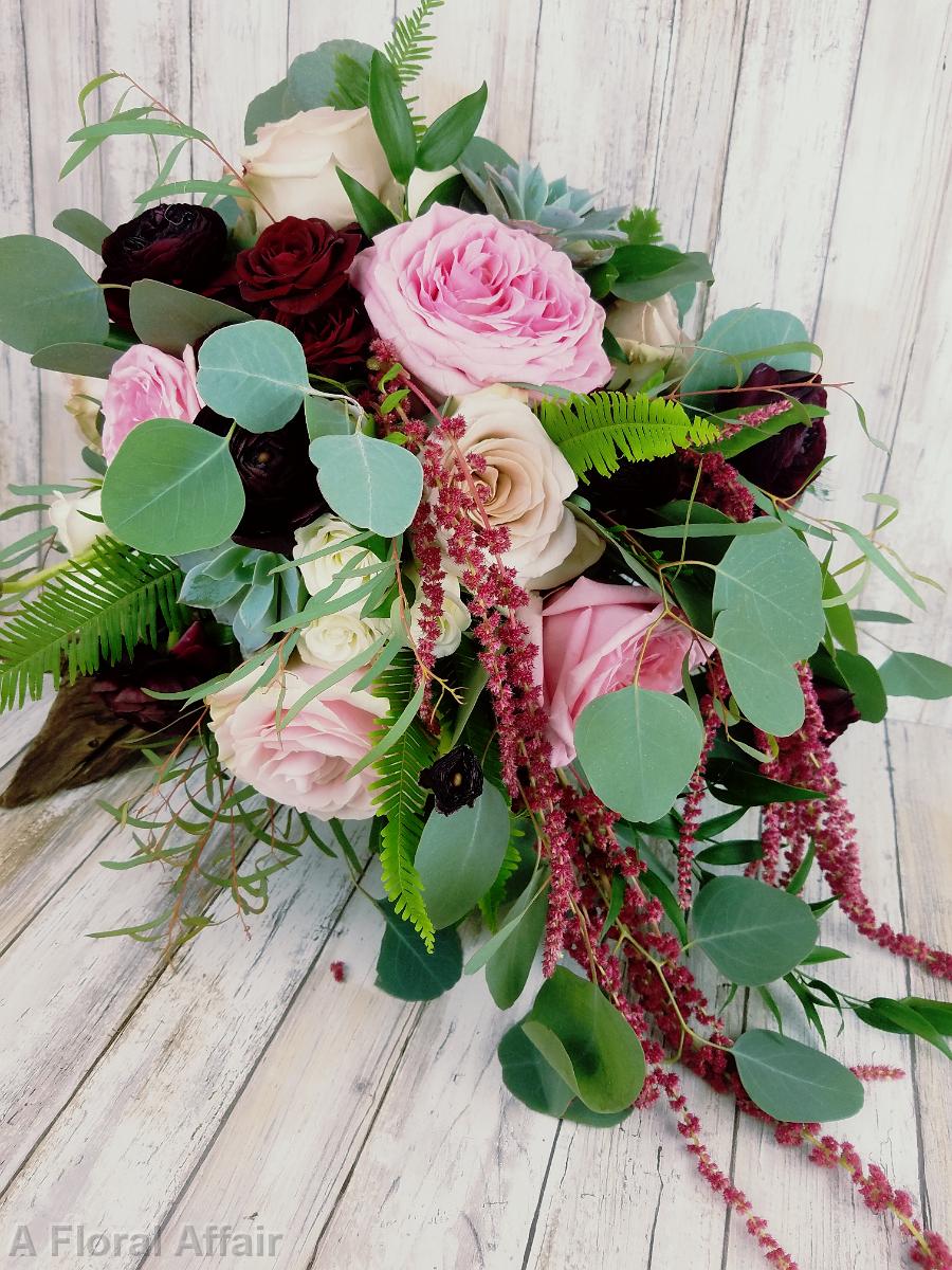 BB1430-Natural Cascading, Green, Burgundy and Pink Brides Bouquet