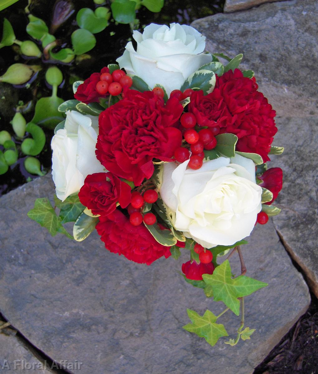 BB0279-Small Red Carnation and White Rose Wedding Bouquet