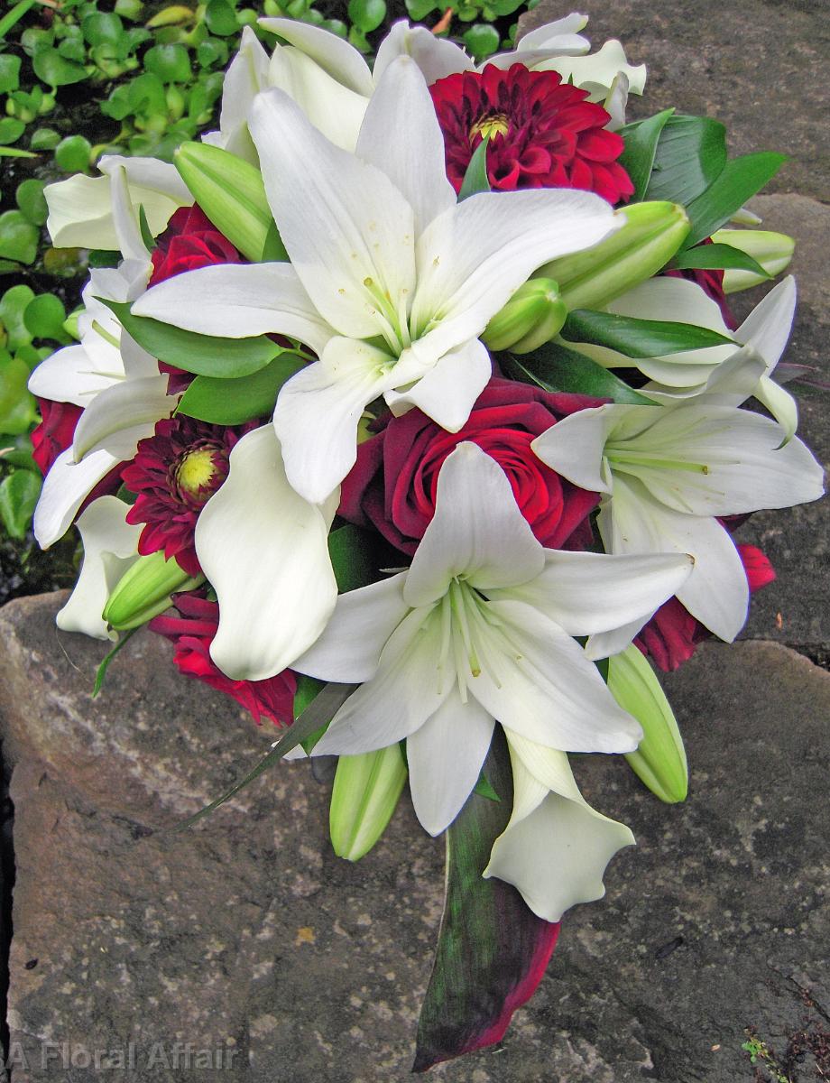 BB0352-Red Rose, Dahlia, and White Lily Bouquet