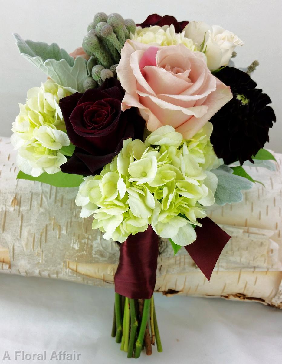 BB1169A-Romantic white, merlot, blush and gray bridesmaids bouquet