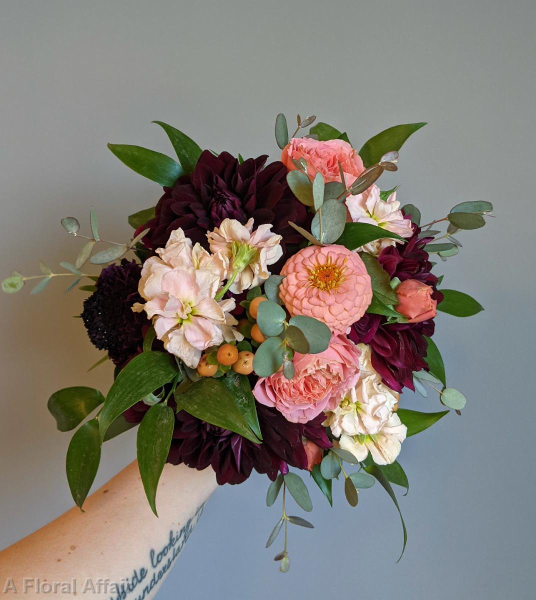 BB1682- Burdgundy and Peach Bridesmaid Bouquet