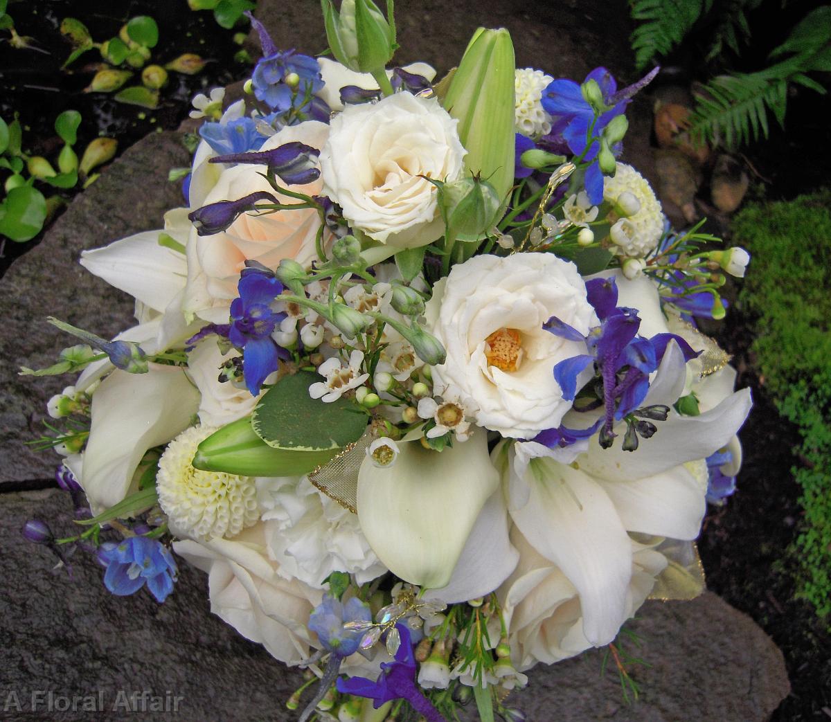 BB0285-White and Blue Mixed Garden Wedding Bouquet