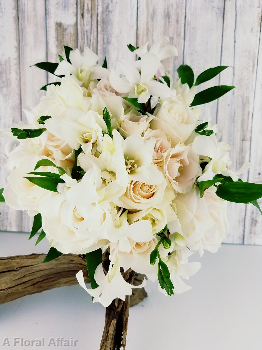 BB1386-Sophisticated Ivory Rose and Orchid Brides Bouquet