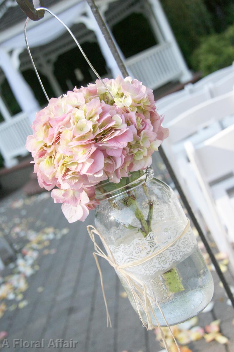 AM0589-Lace Accent Mason Jar With Pink Hydrangea