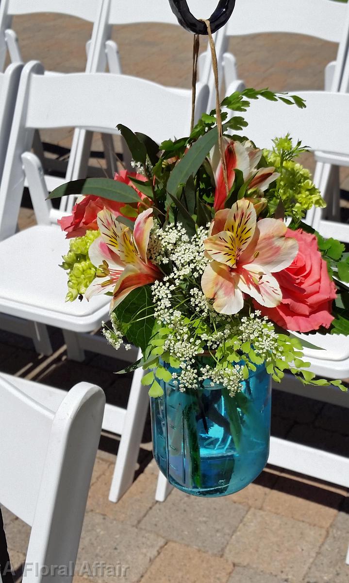 CF0746-Blue Mason Jar with Coral and Green Flowers