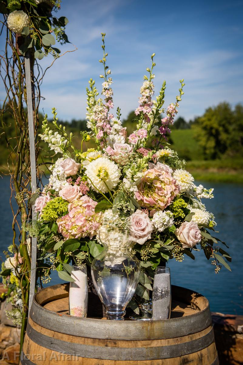 CF0869-Blush and Ivory Wedding Ceremony Arrangement on Wine Barrell