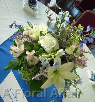 RF0949-Graceful Garden, White, Blue and Purple Centerpiece