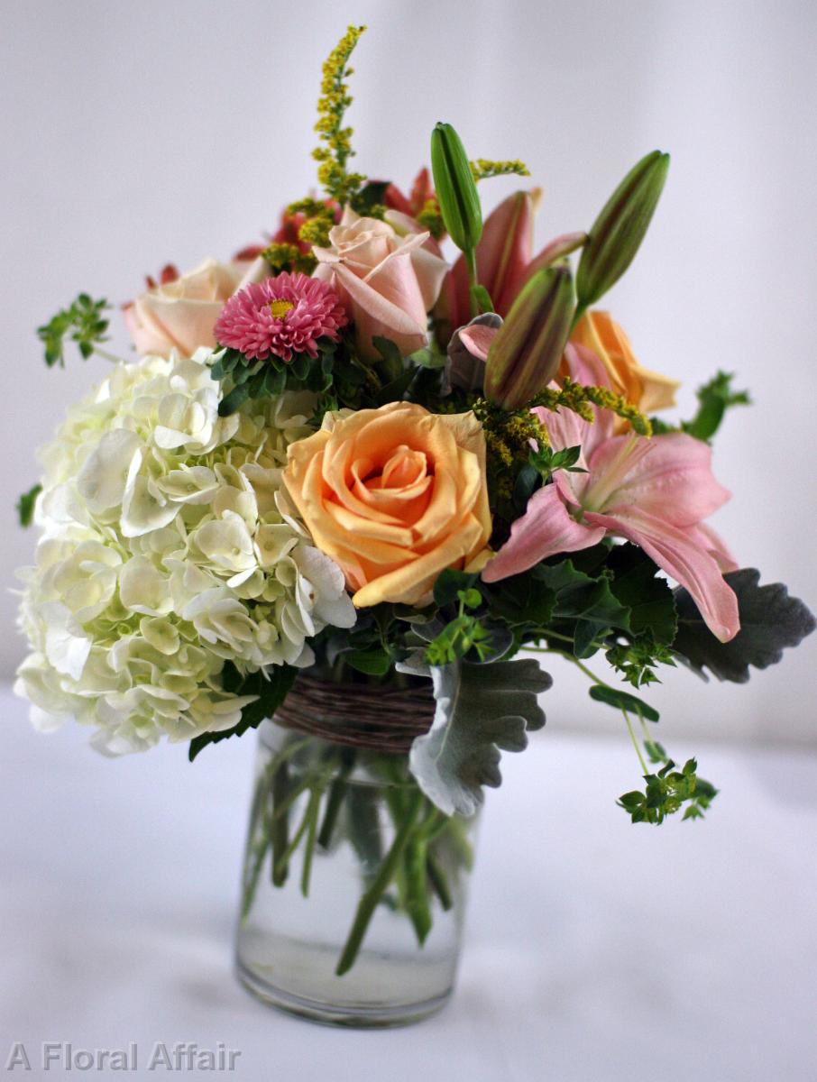 RF8705-Rustic Peach, Apricot and White Mason Jar Centerpiece