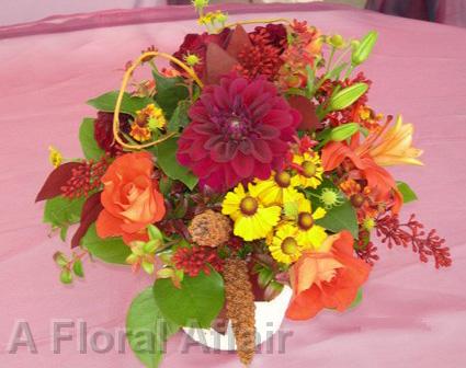 RF0779-Rustic Garden, Burgundy, Orange, and Yellow Fall Centerpiece