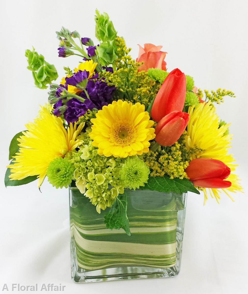 RF1127-Bright Yellow, Orange, Green and Purple Fun Summer Low Centerpiece