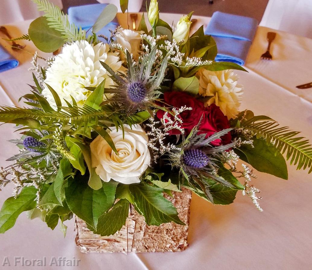 RF1478-Natural Woodland Box Centerpiece in White, Blue and Burgundy