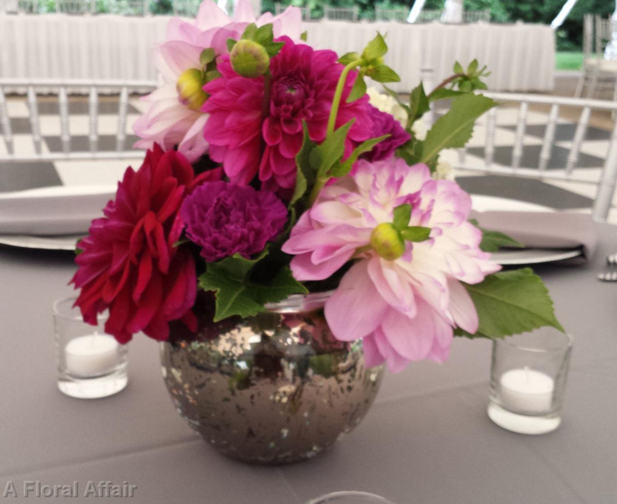 RF1228-Mercury Glass and Raspberry Dahlia Centerpiece