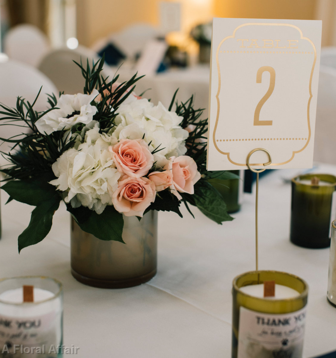 RF1477-Gold Centerpiece Container in Light Orange, White and Greenery