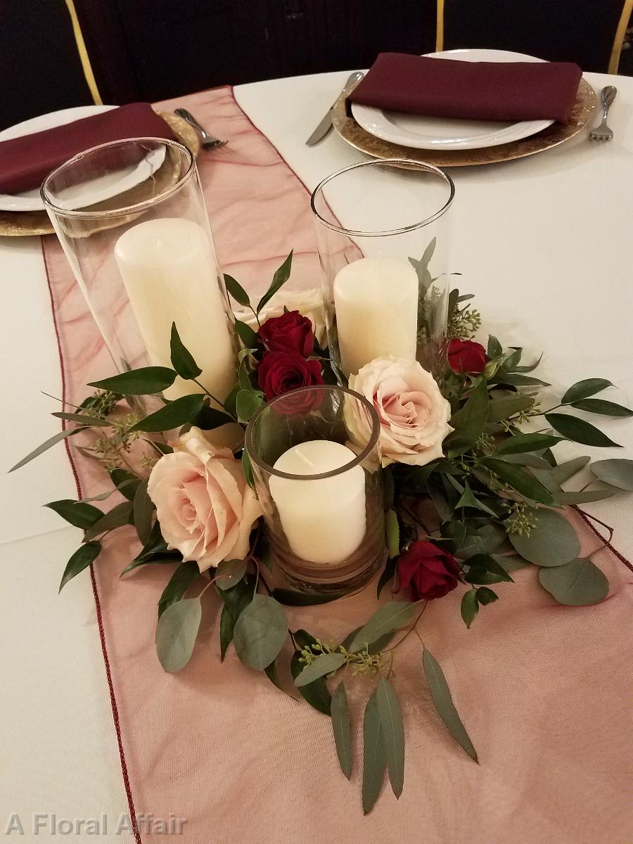 RF1484-Eucalyptus Greenery, Bugundy, and Blush Candle Centerpiece