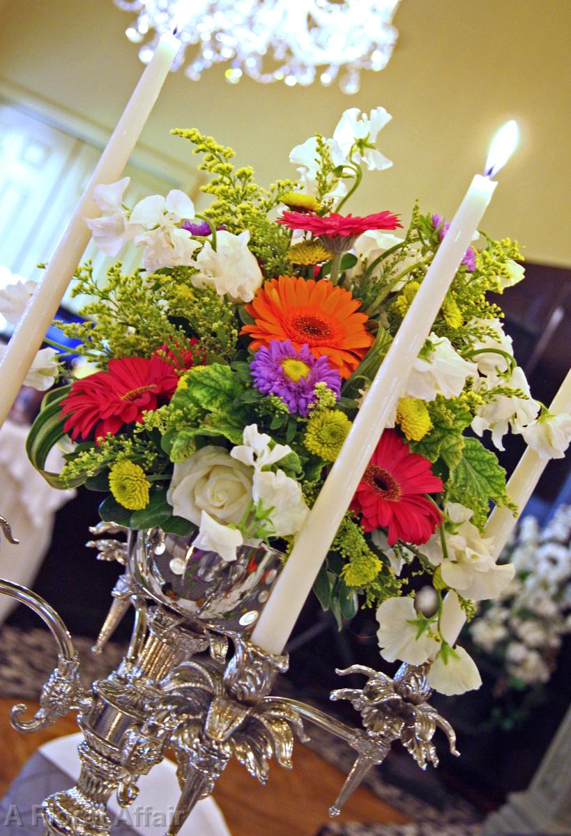 RF1061-Orange, Pink, Purple, Yellow, Green, and White Garden Summer Tall Centerpiece