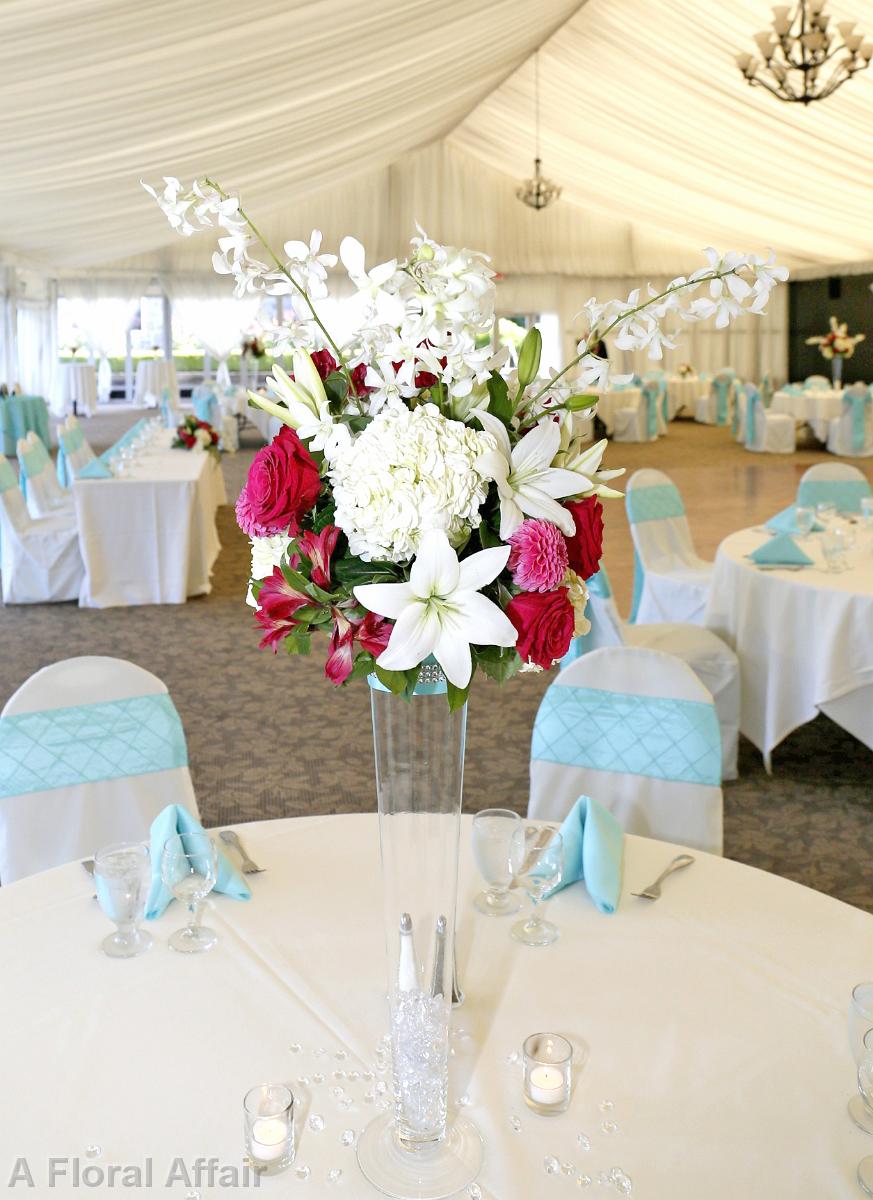 RF1087-Hot Pink, Aqua, and White Sophisticated Tall Centerpiece with Crystals in the Vase