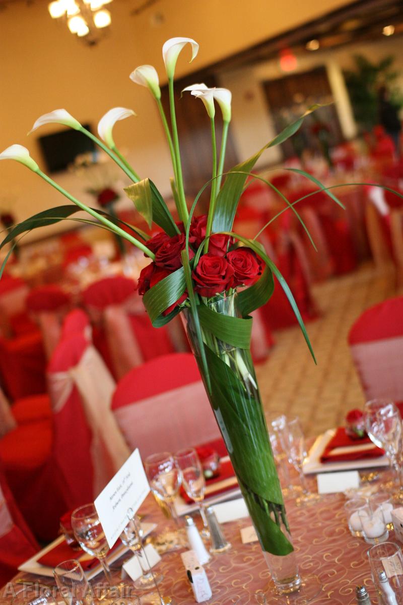 RF1270-Tall Elegant Red Rose and White Mini Calla Centerpiece