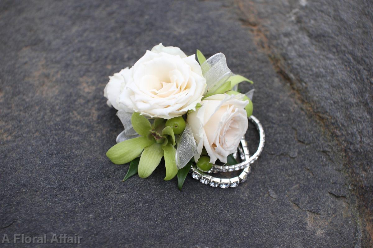 BF0561-Ivory and Green Rhinestone Wrist Corsage