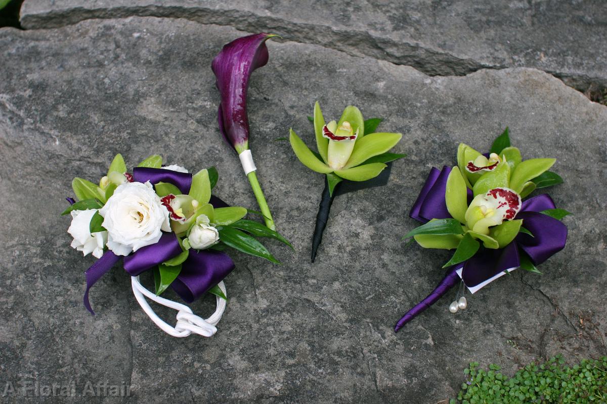 BF0445-Royal Purple and Green Corsage and Boutonnieres