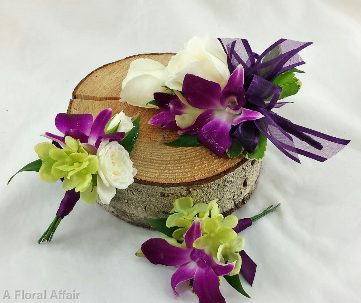 BF0673-Purple Dendrobium Orchid, White Rose and Green Hydrangea Boutonniere's and Corsage