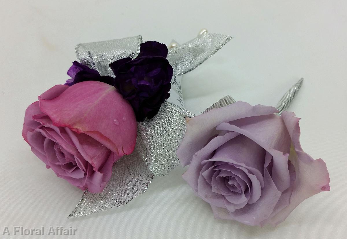 BF0705-Lavender Rose Boutonniere and Corsage with Silver Wrap