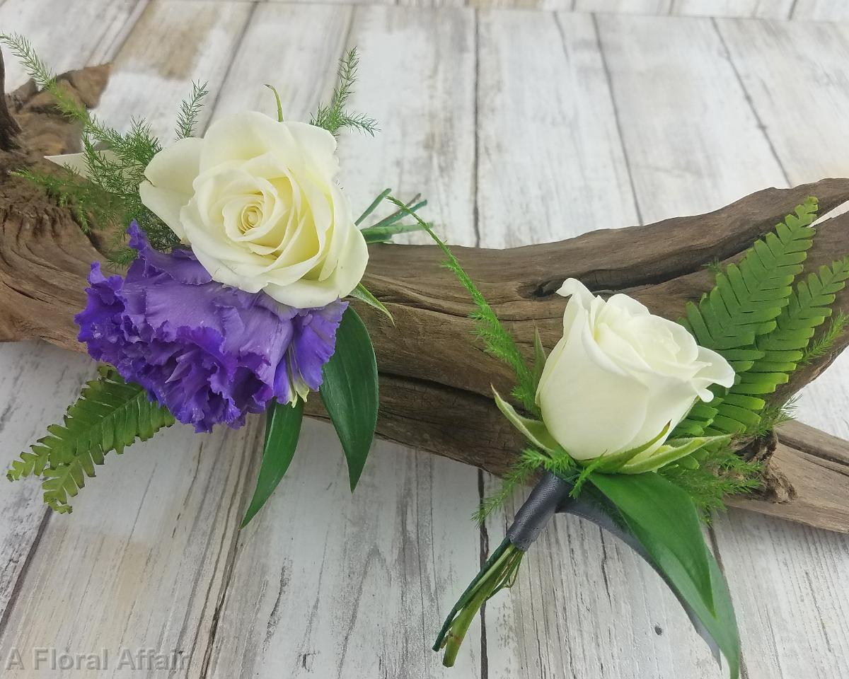 BF0772-Purple Lisianthus, White Spray Rose Boutonniere