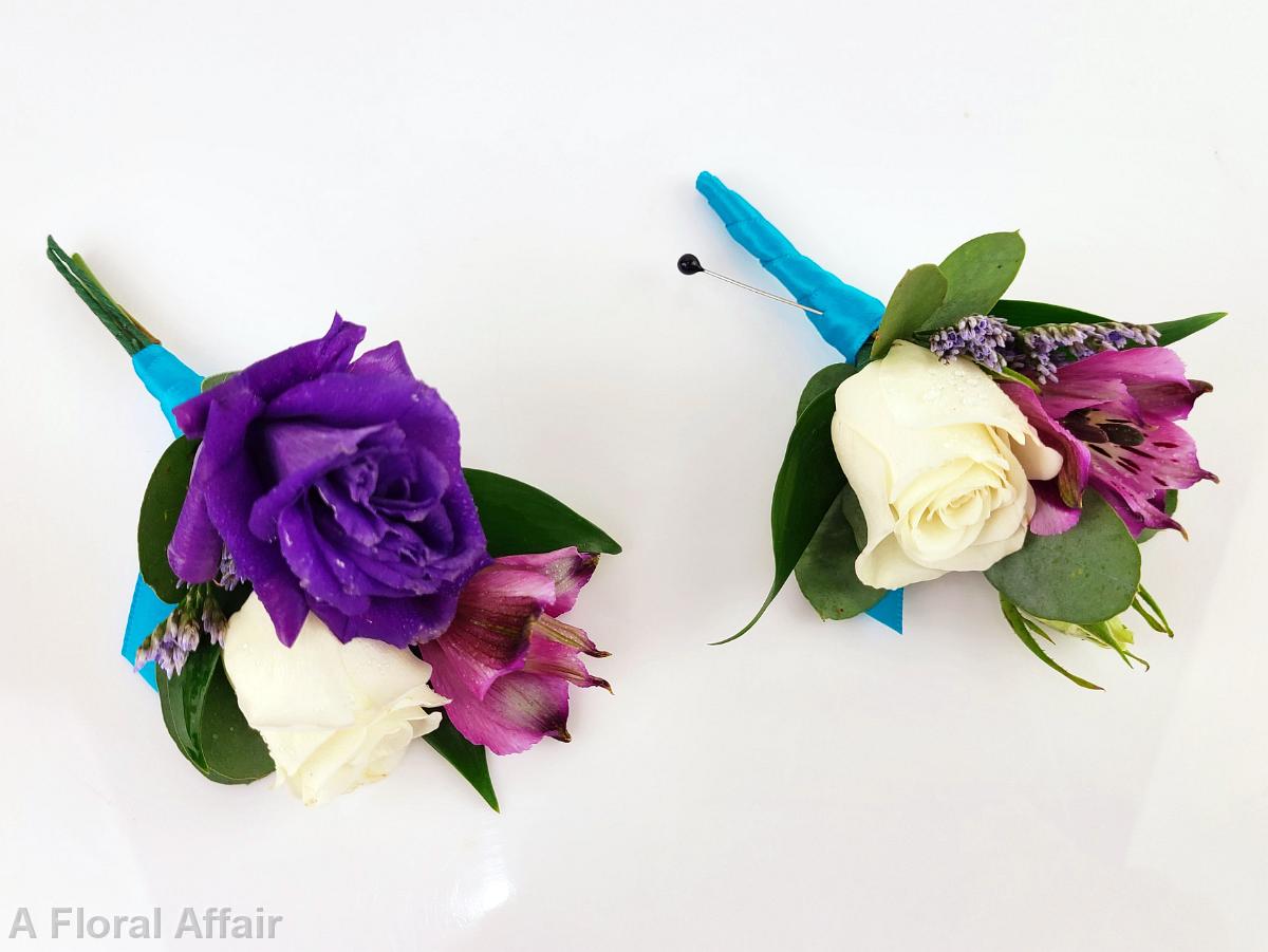 BF0807-Purple Lisianthus, Plum Alstromeria & White Spray Rose Boutonniere