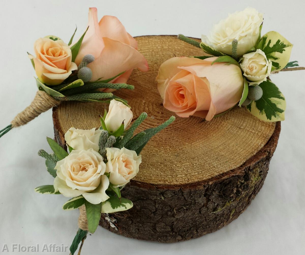 BF0658-Romantic Peach and Ivory Boutonnieres