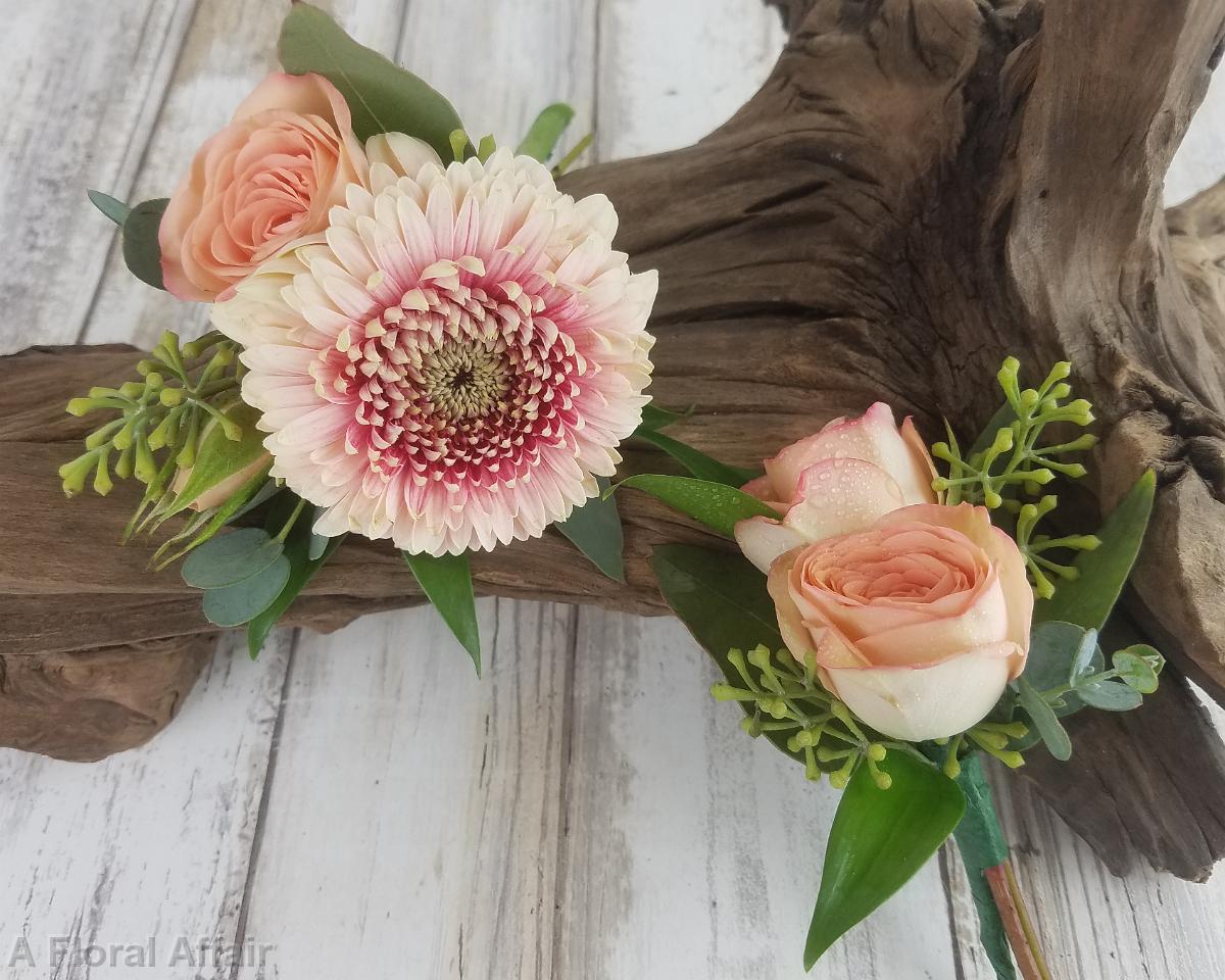 BF0768-Peach Gerbera Daisie and Spray Rose Boutonniere's