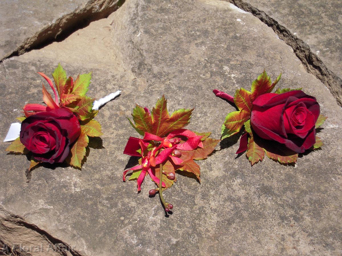 BF0381-Fall Red Rose and Orchid Boutonnieres