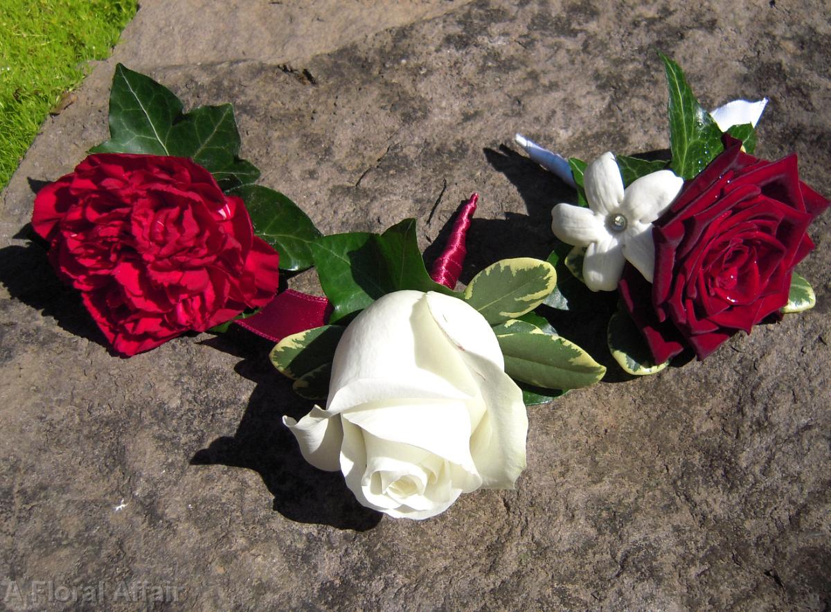 BF0417-Red and White Carnation and Rose Boutonnieres