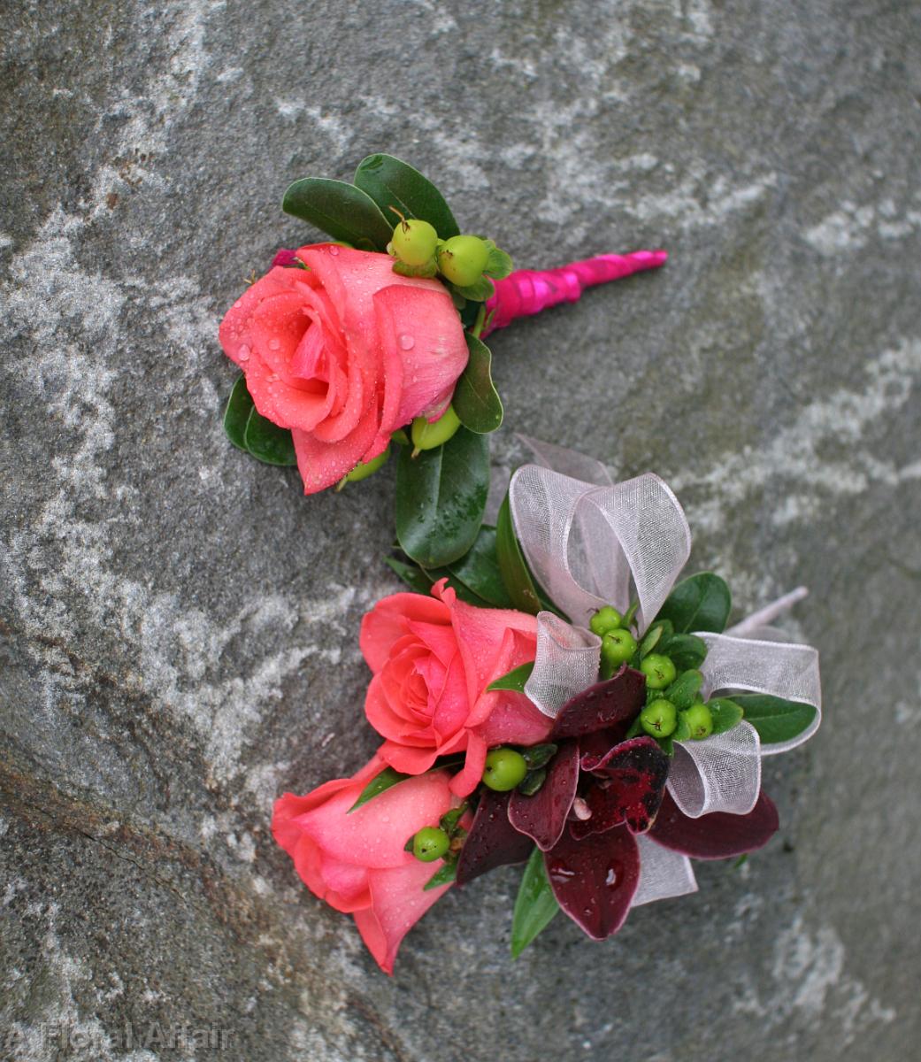 BF0493-Watermelon and Kiwi Green Boutonniere and Corsage.