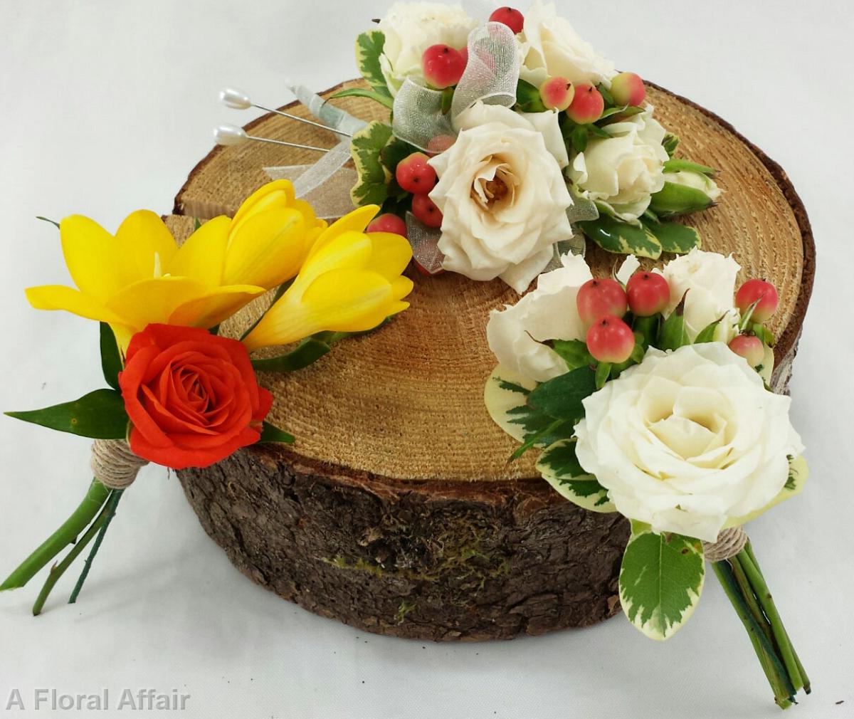 BF0665-Rustic Yellow and Ivory Boutonnieres and Corsage