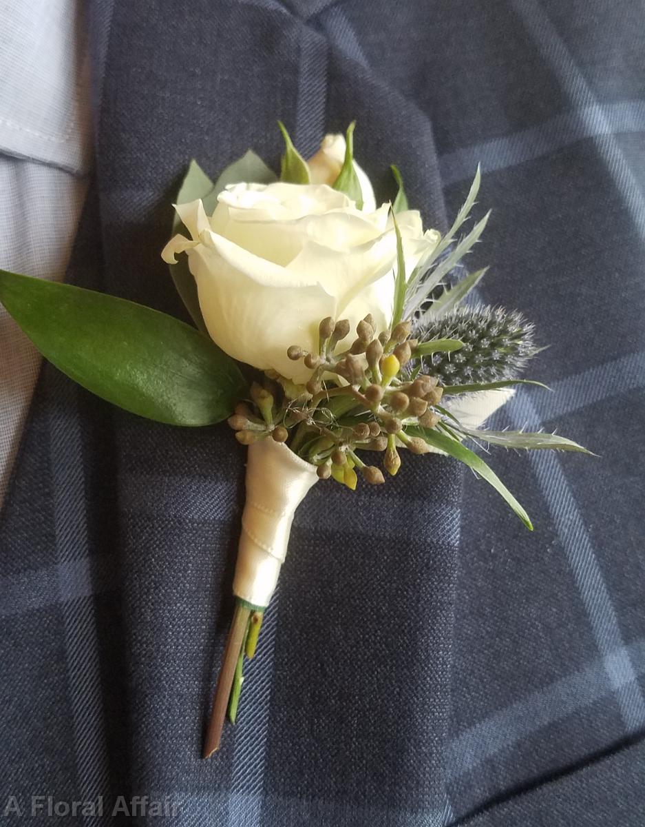 BF0779-Eryngium and White Spray Rose Boutonniere